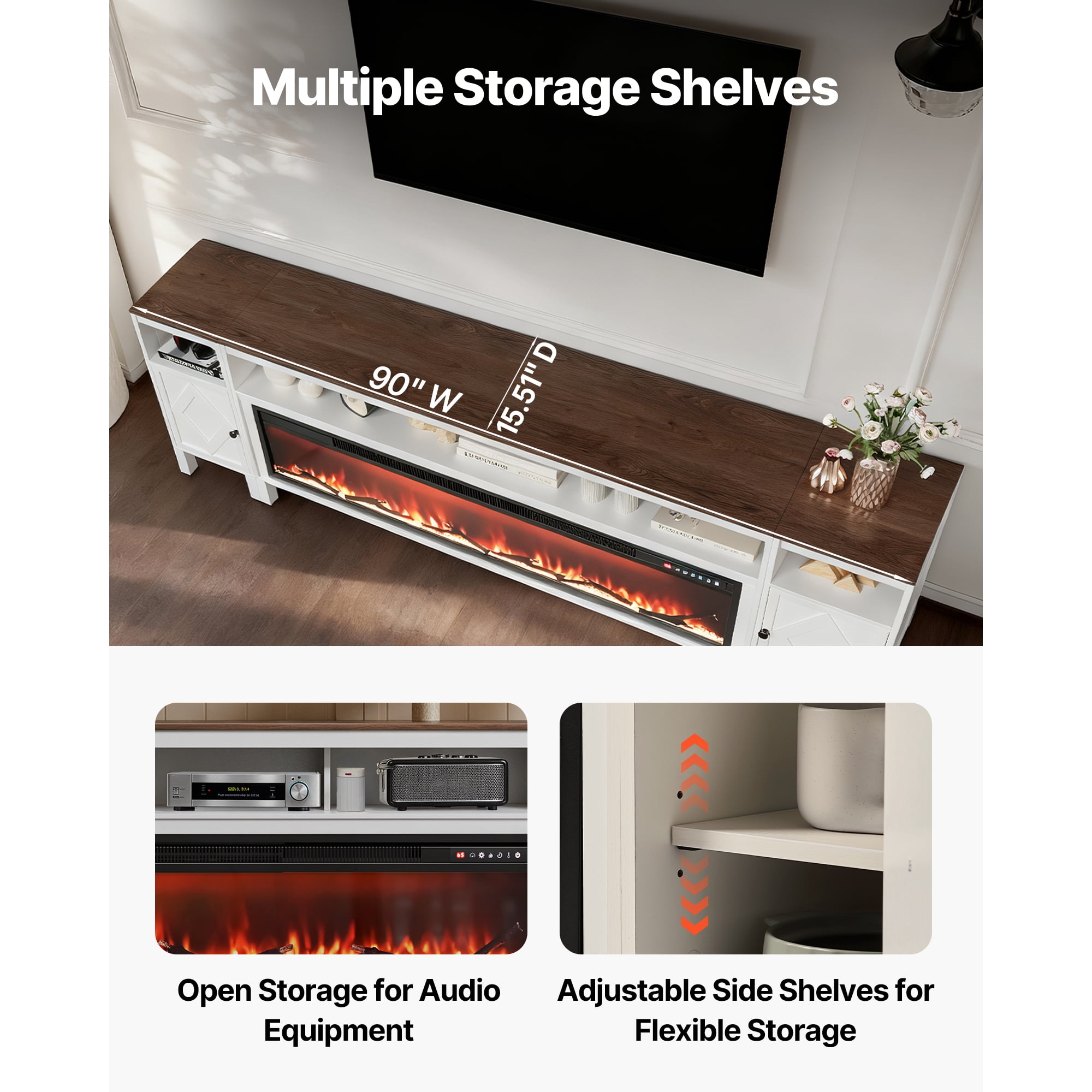 KFFKFF Farmhouse Fireplace TV Stand for TVs up to 100 Inches, Entertainment Center with 60-Inch Electric Fireplace & Storage Drawers, Remote-Controlled, White Finish