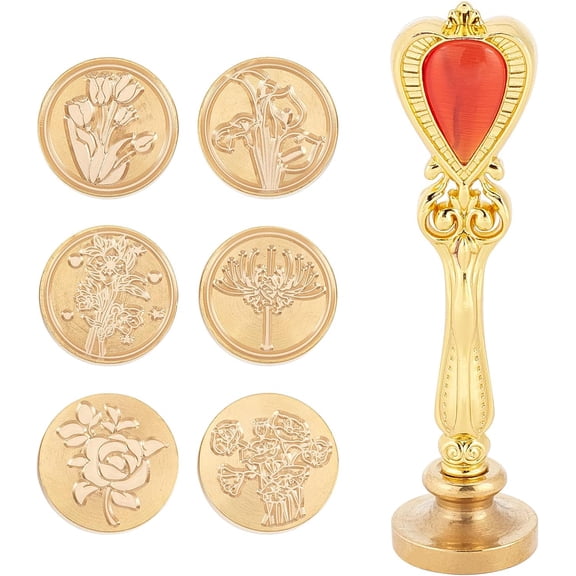 7PCS Wax Seal Stamp Set Flower Rose Tulip Calla Lily Sealing Wax Stamp Heads 25mm with Universal Golden Alloy Handle for Envelope Invitation Cards Decoration DIYDIY