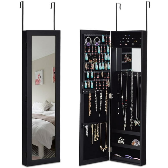 Giantex Wall Door Mounted Mirrored Jewelry Cabinet Jewelry Armoire Storage Organizer with Full Length Mirror Jewelry Cabinets (Black)