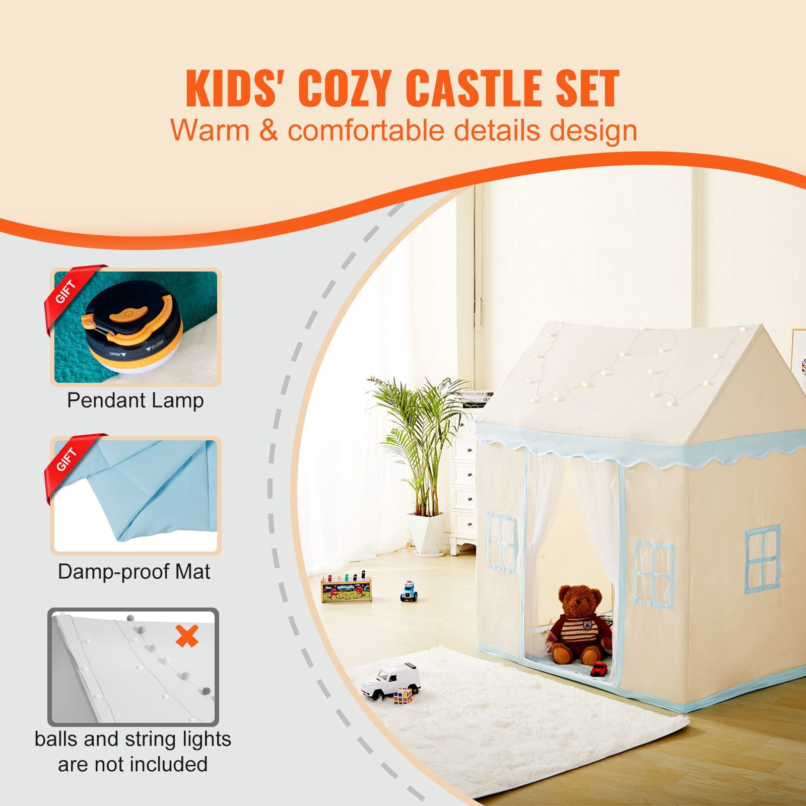 Kids Play Tent, Kids Tent for Kids 1-5 Years Old, Toddler Tent with Mat and Tent Lamp, Tent for Kids with Windows for Indoor and Outdoor, Play House Castle Tent for Boys and Girls, Beige