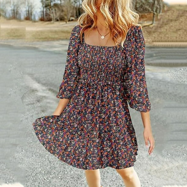 WILLBEST Vestidos de Dama para Mujer, Vestidos de Primavera y Verano, Estilo Bohemio, con Flores, Cuello Cuadrado, Fruncido, Manga 3/4, Informal, Corte A, Minivestido con Vuelo Mediana