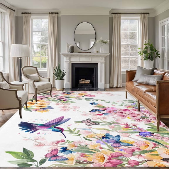 Area Rug for Living Room, Botanical Flowers Non-Slip Indoor Large Carpet for Bedroom/Dining Room, Watercolor Floral Bird Butterfly Washable Low-Profile Rectangle Floor Runner Rugs - 5 x 8 Ft