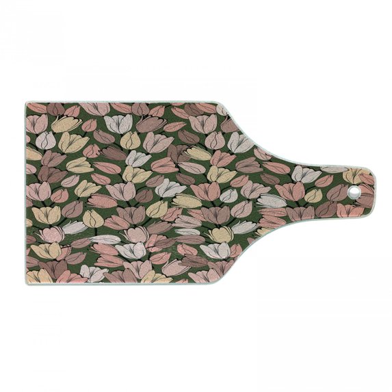 Flower Cutting Board, Pattern with Retro Tulips Springtime Garden Park Seasonal Nature Art, Decorative Tempered Glass Cutting and Serving Board, Wine Bottle Shape, Cocoa Coral Cream, by Ambesonne