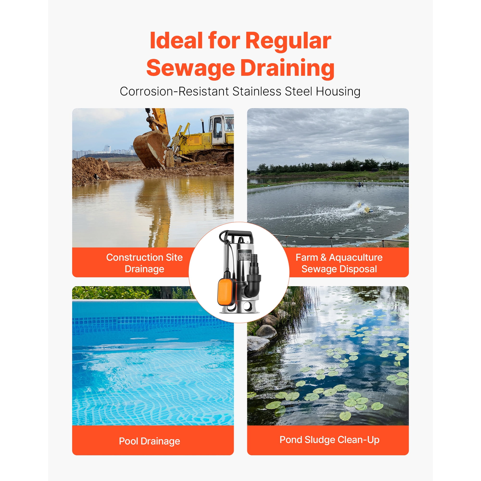 KFFKFF 1 HP Submersible Sump Pump, 5500 GPH, Stainless Steel Water Pump with Float Switch, Extended Cord, 30 ft Lift Capacity, Suitable for Pools, Gardens, Ponds, and Flooded Spaces