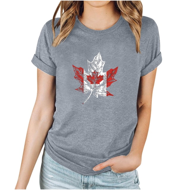 Camisetas de Manga Corta para Mujeres Canadá Día Hoja de Arce Impresión Básica de Verano Tee, Cuello Redondo Camiseta Casual