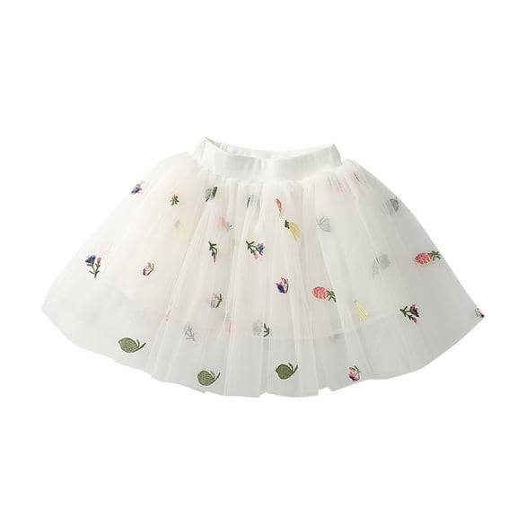 Summer Savings! TAGOLD Toddler Girls Cute Party Dance Costume Solid Color Net Yarn Crimping Flowers Embroidery Tulle Skirt White 7 Years