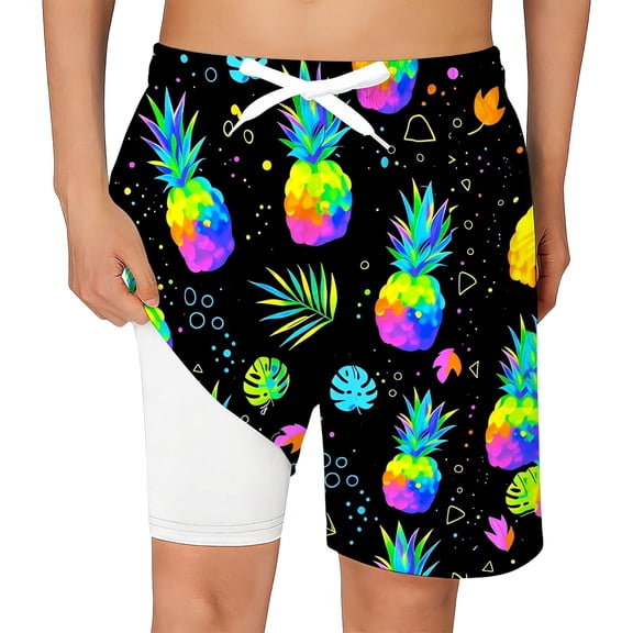 RTKFRFLM Kids Boys 2-in-1 Performance Swim Trunks Double Layered Printed Beach Shorts with Anti-Chafe Liner Quick Dry Summer Bathing Suit for Boys Size 5-16Y