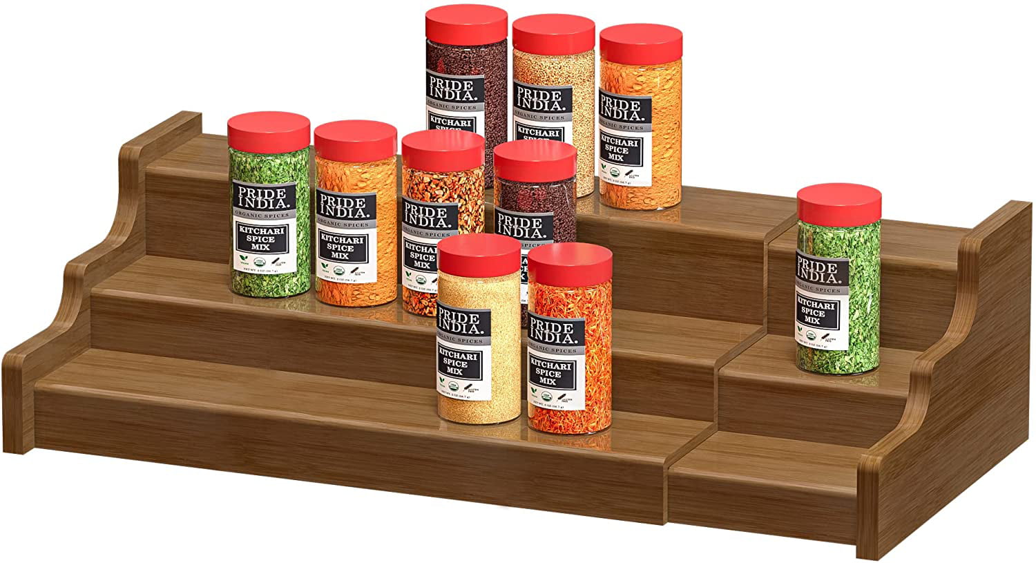Zri Bamboo Spice Rack Kitchen Cabinet Organizer- 3 Tier Bamboo Expandable Display Shelf, Yellow, 12.70*7.70*4.30