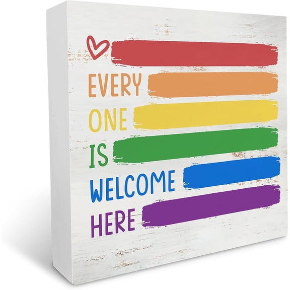 Cskhip Every One is Welcome Here Wood Box Sign Decor Rustic Pride Rainbow Quote Wooden Box Sign Block Plaque for Wall Tabletop Desk Home Office Classroom Decoration 5x5 inch
