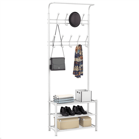 - Metal 18 Hooks Coat Garment Rack with 3 Tier Shoes Rack Shelves Hall Tree Storage Organizer for Entryway, White
