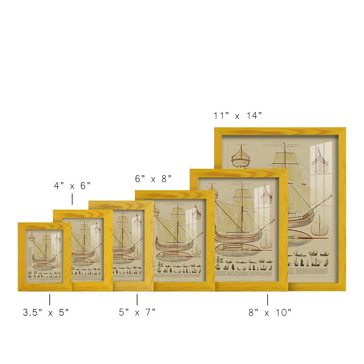 Antique Ship Plan I -Framed Print w/glass-Sunflower Yellow