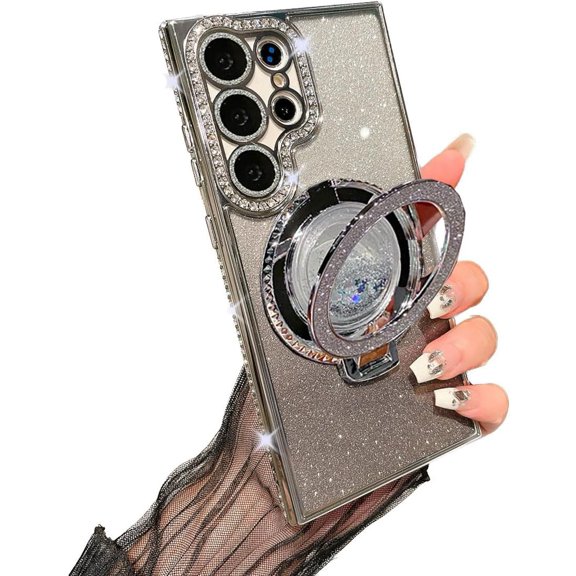 for Samsung Galaxy S24 Ultra Case with Magnetic Kickstand,Cute Bling Glitter Rhinestones Phone Case, Glass Camera Lens Protector,Flowing Liquid Ring Stand for Samsung S24 Ultra (Silver)