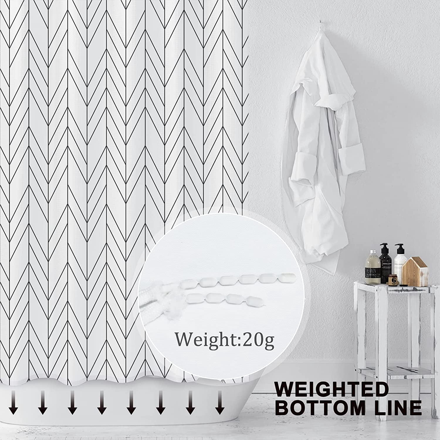 Black White Herringbone Shower Curtain, Modern Geometric Chevron Striped Bathroom Decor, Waterproof Fabric Polyester Set, with 12 Hooks 72 x 72