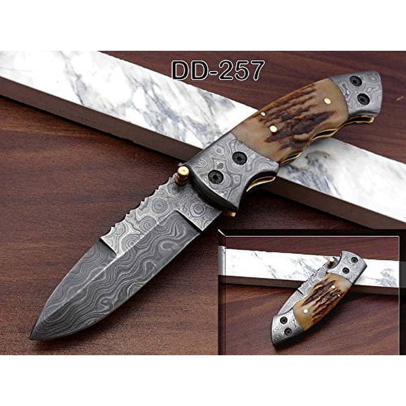 7.5" Folding Knife with 3.5" blade, Ram horn scale with Damascus bolster Hand Forged Damascus steel, Thumb knob & liner lock, Cow hide leather sheath (Ram Horn)