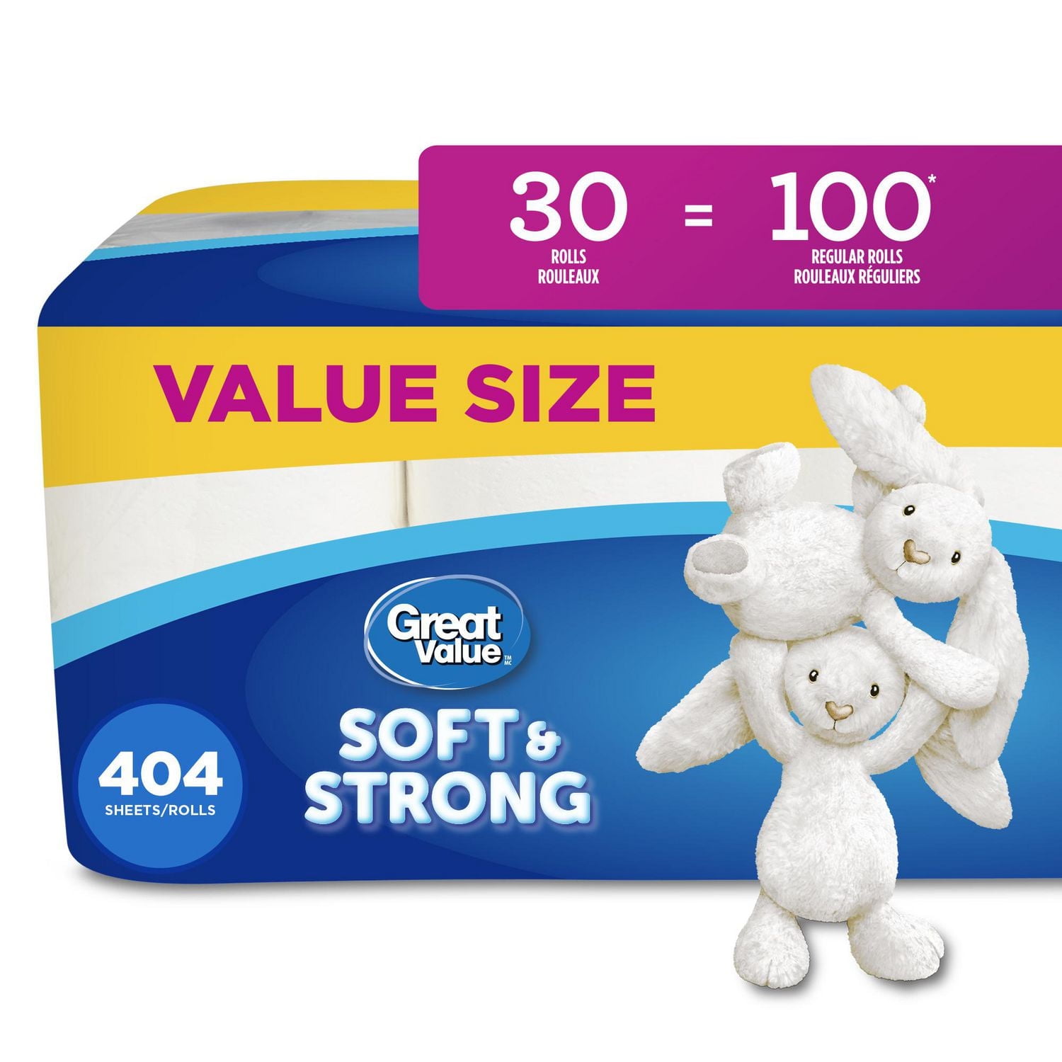 Great Value, Septic Safe Toilet Paper, 30 Family Equal 100 Rolls, 404 tissues per roll
