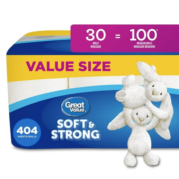 Great Value, Septic Safe Toilet Paper, 30 Family Equal 100 Rolls, 404 tissues per roll
