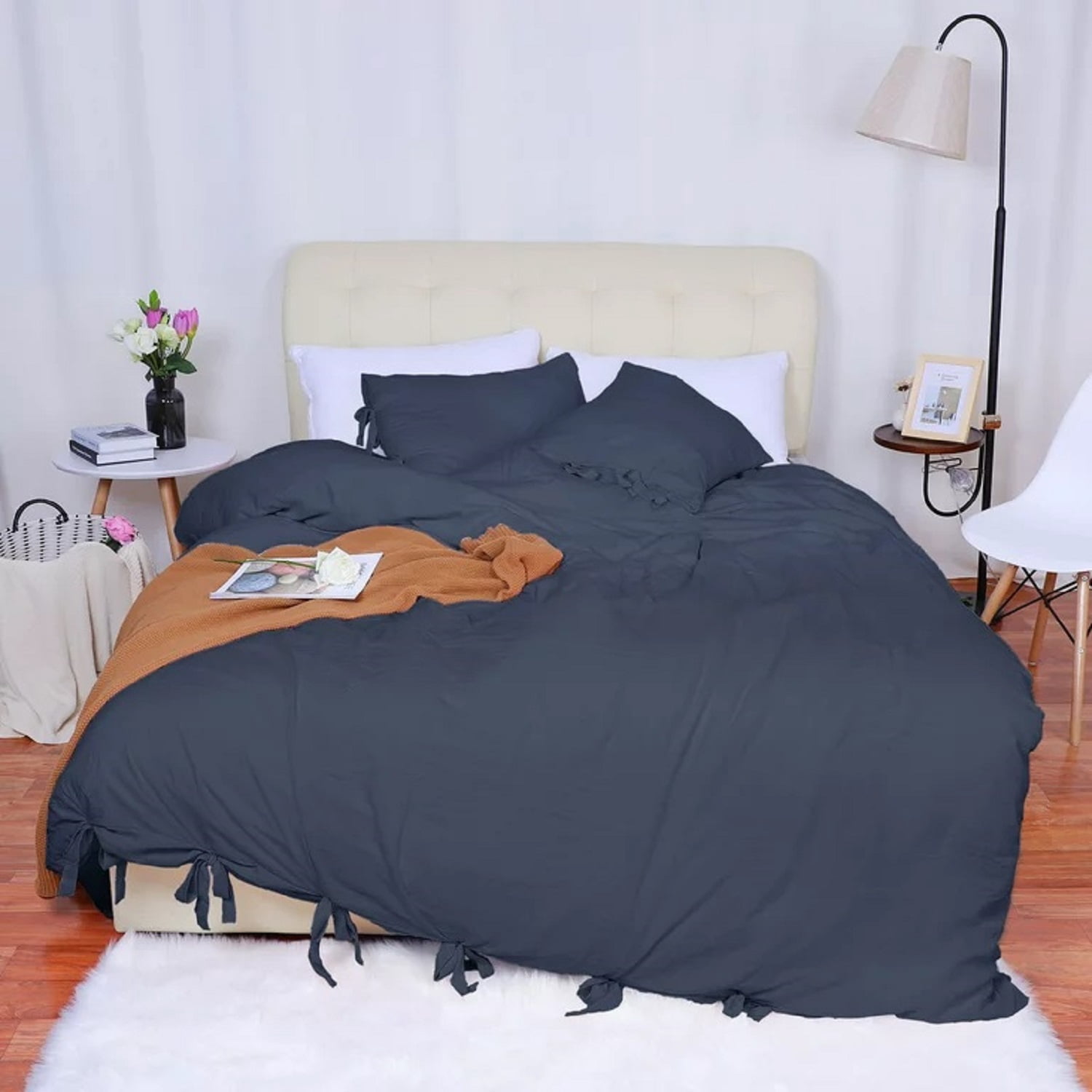 Washed Cotton Duvet Cover Twin, Navy Blue Minimalist Cotton Duvet Cover Set, 3 Pieces Plain Simple Cotton Duvet Cover Set with 2 Pillow Shams, Twin, 66"*90"