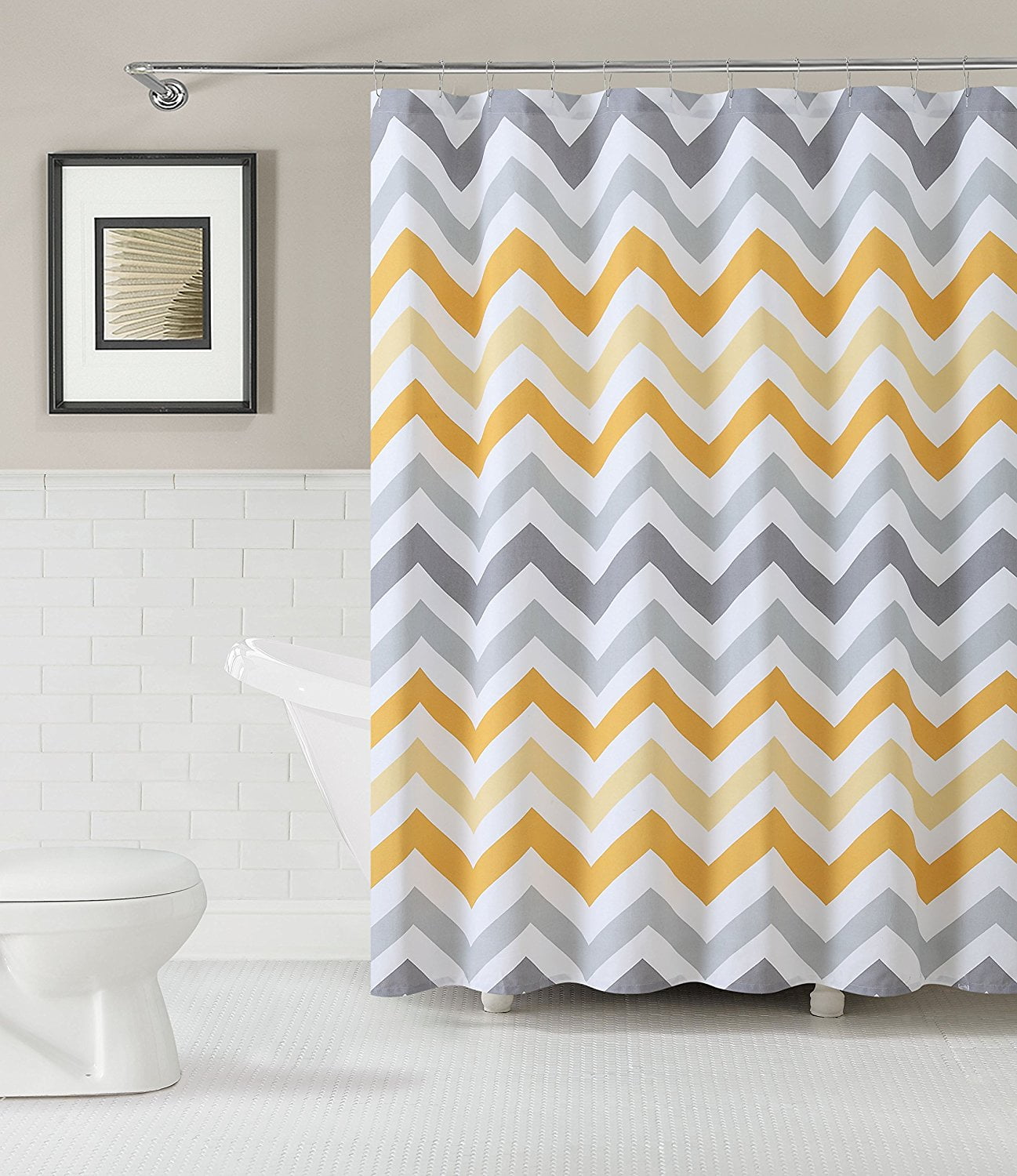 Yellow and Grey Chevron Pattern Shower Curtain Liner Bath Mat Waterproof Fabric