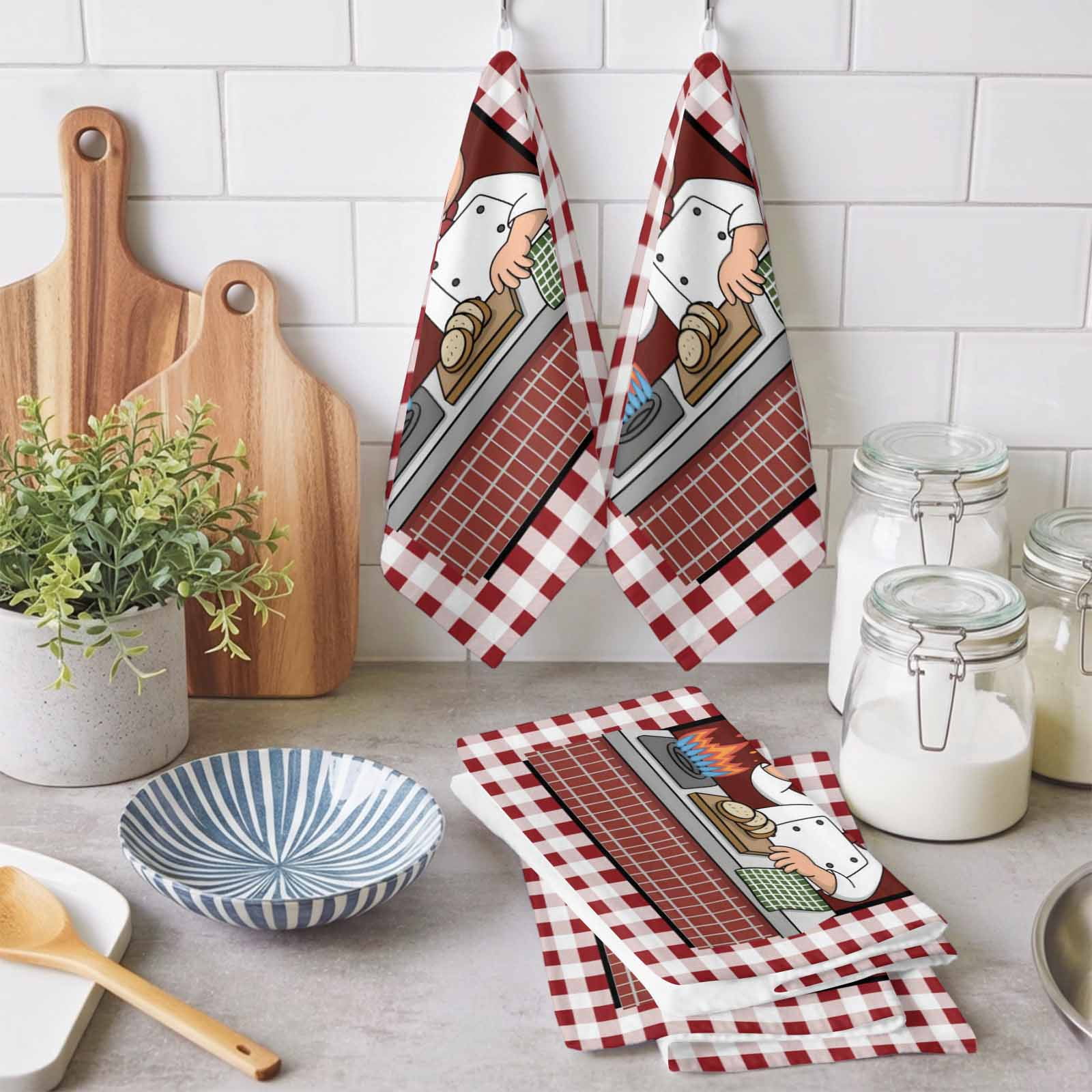 Kitchen Towel Kitchen Cute Chef Cook Burgundy Red Plaid Dish Cloths 2 Pack 18x28in,Super Absorbent Tea Hand Towels Bathroom Cleaning Cloth Pizza Gourmet Soft Dishcloth for Drying Dishes