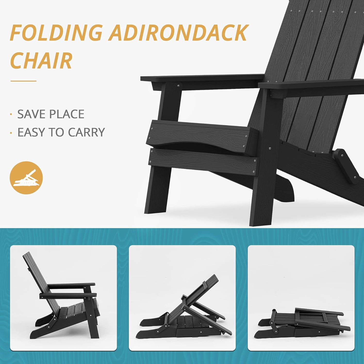 Dycanpo Folding Adirondack Chair, Hdps Poly Modern Outdoor Chair Weather Resistant,300lbs,Black