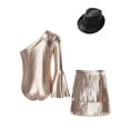 thumbnail image 4 of inlzdz Girls 3Pcs Groovy Jazz Dance Disco Outfit Metallic One Flared Sleeve Leotard with Tassel Skirt Sequin Hat Set Camel 8, 4 of 7