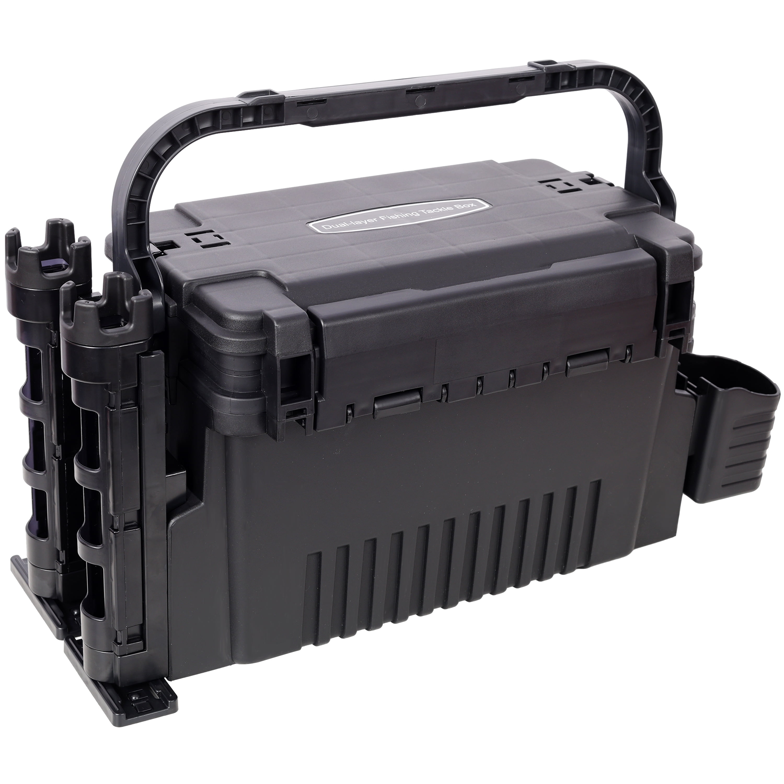 Dual-Layer Fishing Tackle Box Organizer with Rod Holders, 11L Large Capacity Waterproof Tackle Storage with Cup Holders & Carry Strap,Black