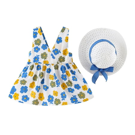 

ZMHEGW Dresses For Teens Girls Baby 6M-3Y Sleeveless Bowknot Floral Printed Princess Dress Hat Set