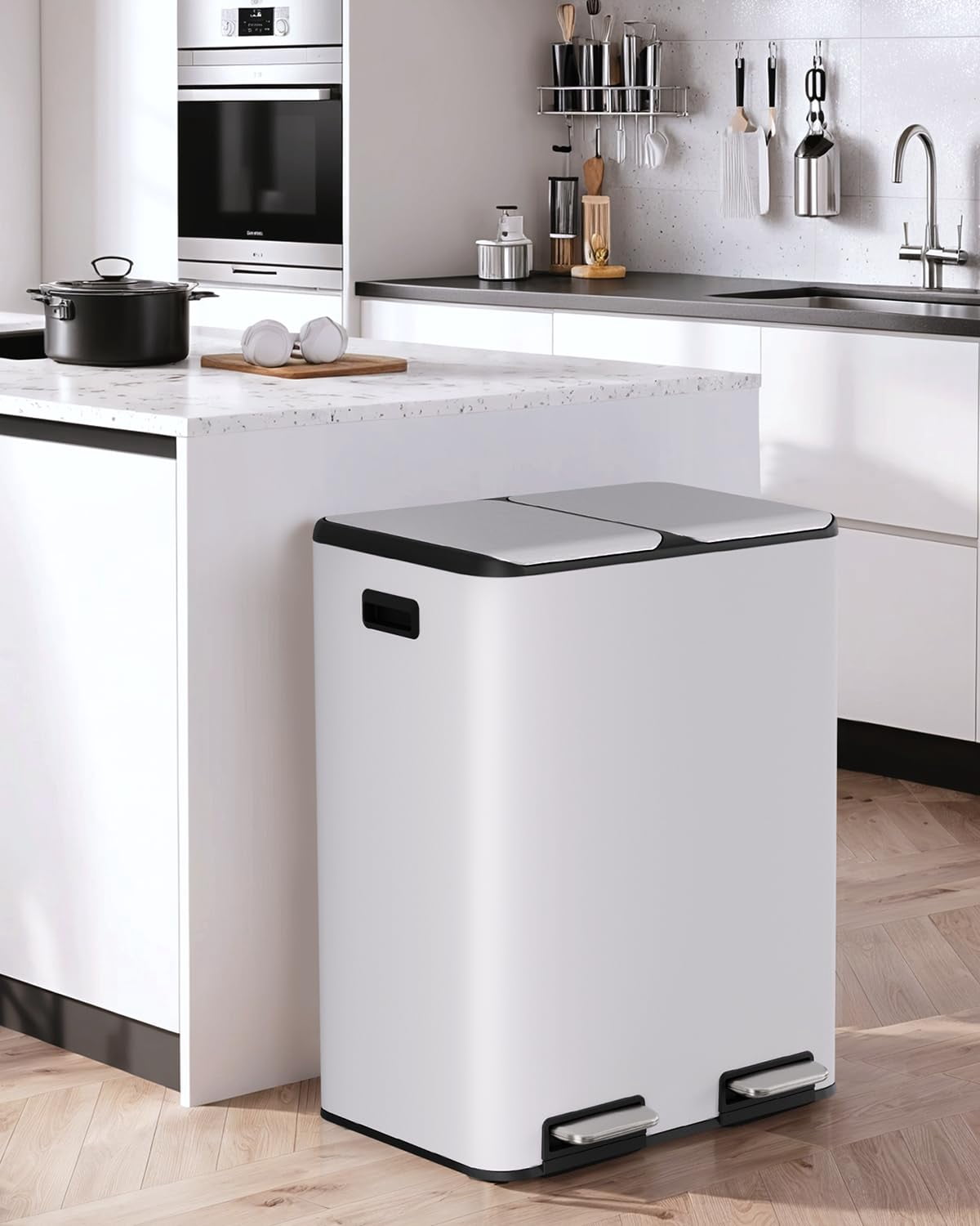 Pirecart Trash Can 16 Gallon Dual Step Garbage Can Stainless Steel Recycling Waste Dustbin with Built-in Filter Boxes, White