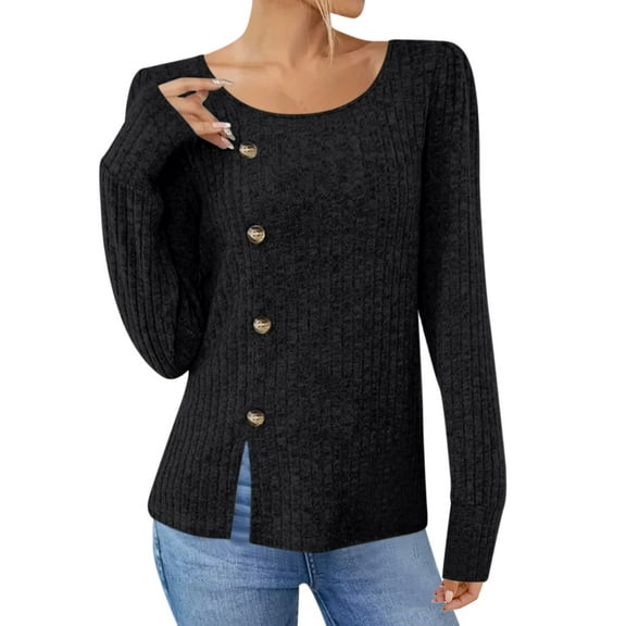 Bovemsi Women's Long Sleeve Tops Solid Color Round Neck Button Sleeved Loose T Shirt Long Sleeve Blouse