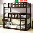 thumbnail image 3 of Twin Size Triple Rubber Wood Bunk Bed, with Ladders, Guardrails Detachable Bunk Bed, Twin over Twin over Twin,Espresso, 3 of 9