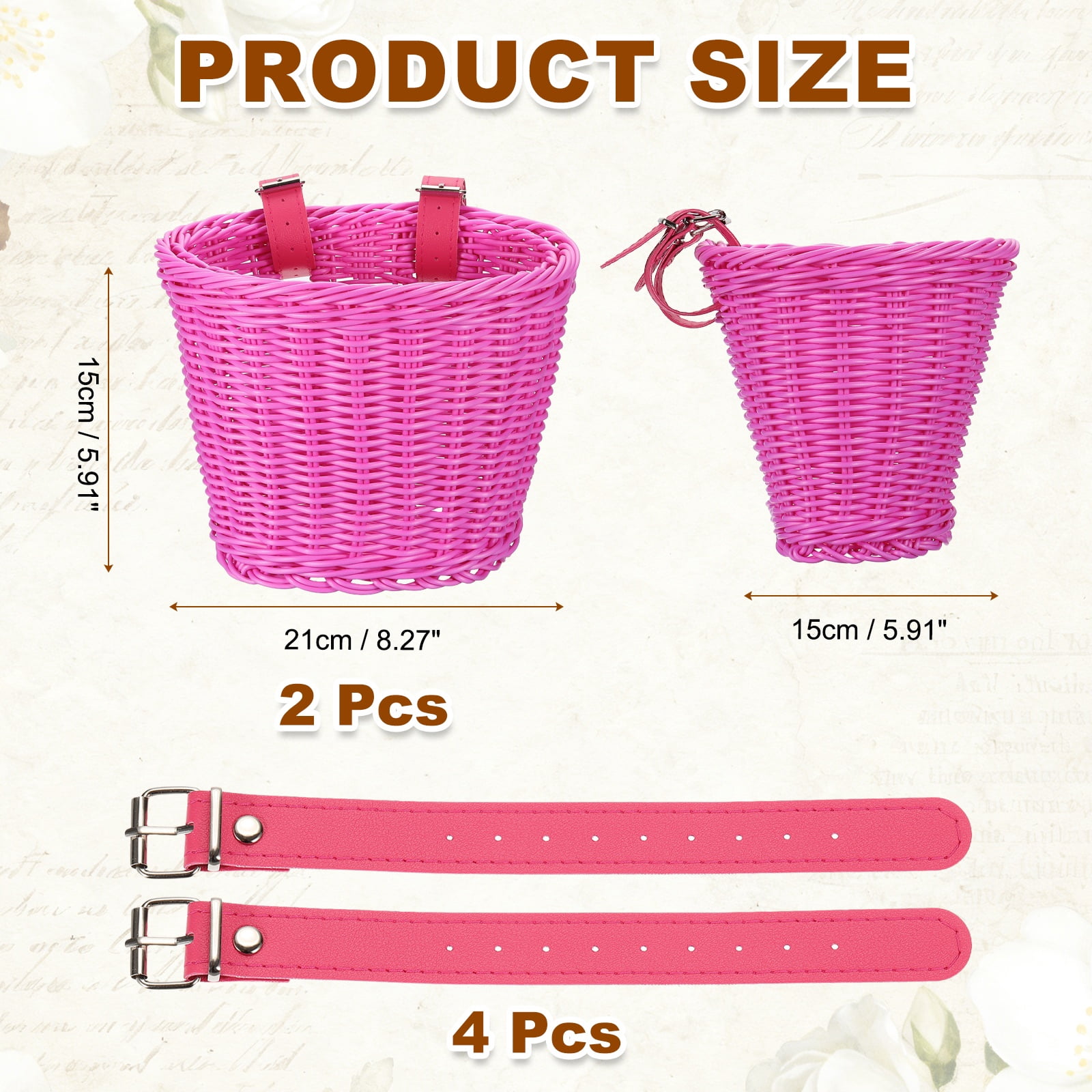 Uxcell Bike Basket Front, Hand-Woven Bicycle Basket with Adjustable PU Belts 2 Pack & Fuchsia-Fitting For(Most Road Bikes, Bicycles/Scooters)