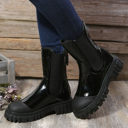 

MIASHUI Ladies Fashion Solid Color Leather Panel Round Toe Back Zipper Platform Mid Boots Women Sneakers Shoes Wedges Women Shoes Casual
