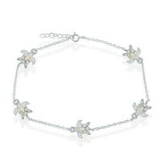 925 Sterling Silver Rhodium Plated White Created Opal Turtle Design 9+1 Charm Anklet/Bracelet Jewelry for Women or Teens