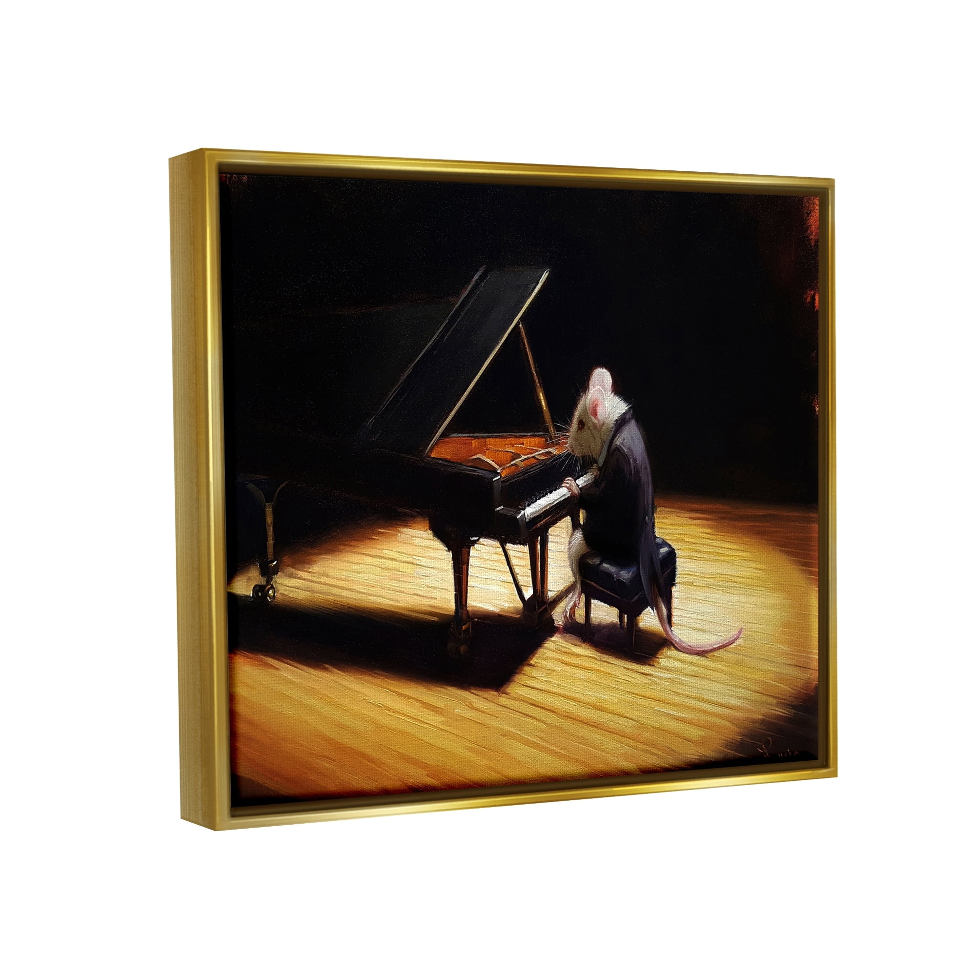 Stupell Industries Mouse Musician Playing Grand Piano Stage Spotlight Painting Metallic Gold Floating Framed Canvas Print Wall Art, Design by Lucia Heffernan