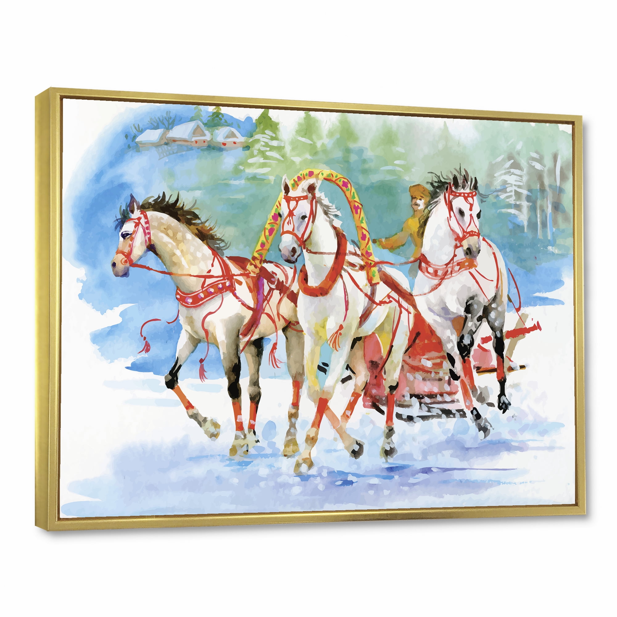 Designart 'Carriage In The Snow With Galoping Horses' Farmhouse Framed Canvas Wall Art Print