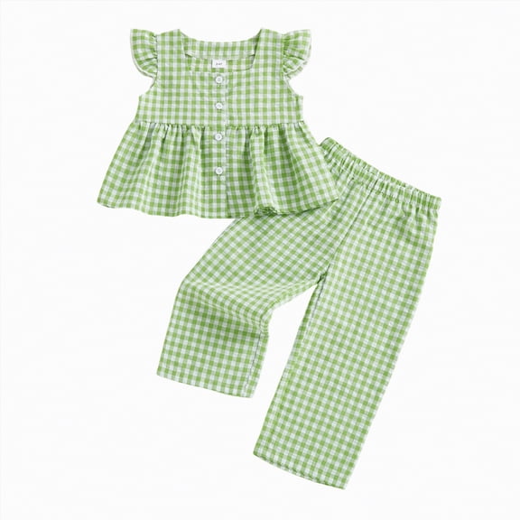 TOWED22 Infant Baby Girl Clothes 2pcs Outfits Sleeveless Gingham Print Halter Tops Elastic Long Pants(Green,2-3 Y)