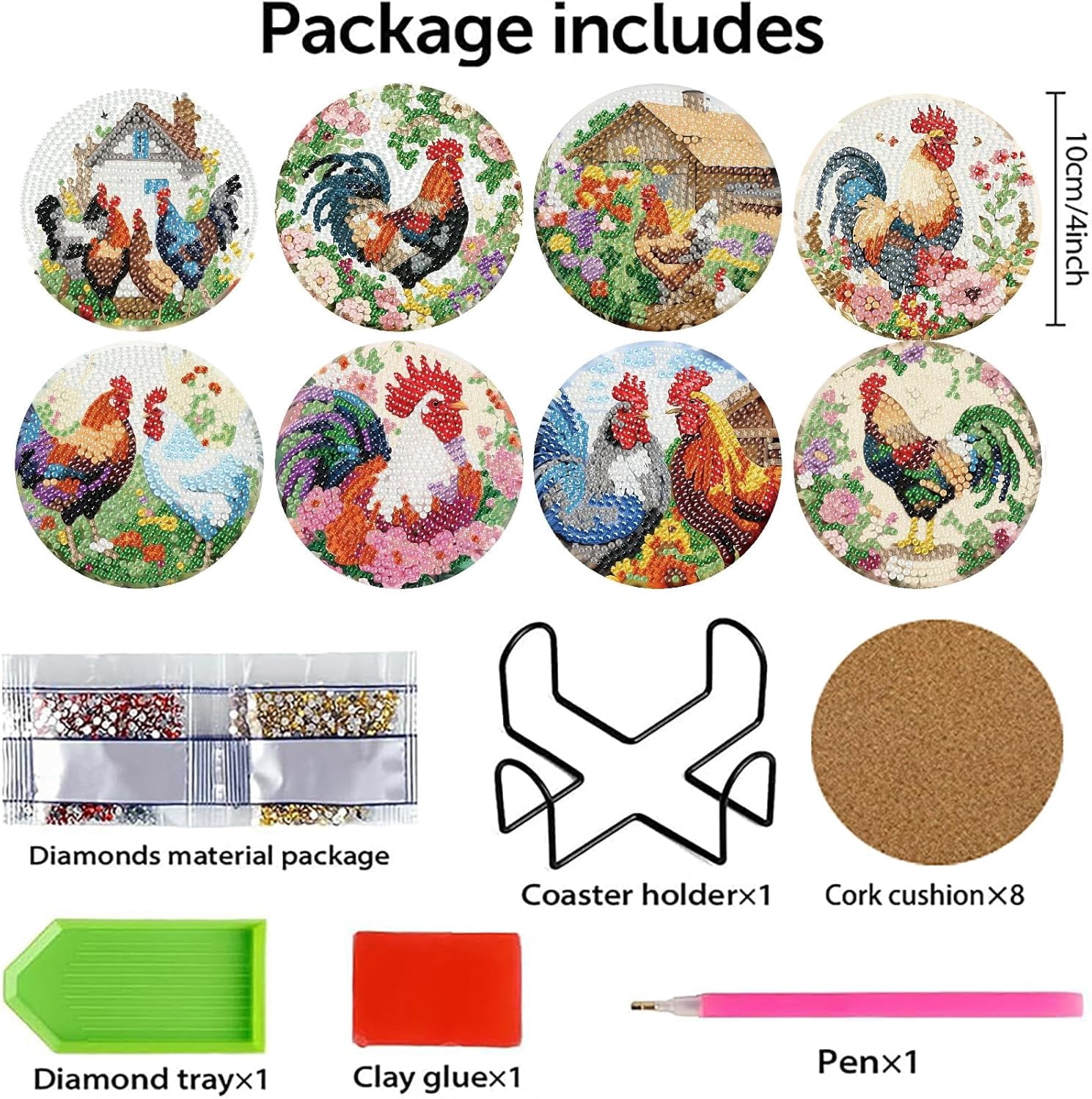 8 Pcs Animals Diamond Art Coasters Kits with Holder, Chicken Diamond Painting Coasters Kits for Adults, DIY 5D Diamond Dots Small Mini Kit Full Drill Art Craft Supplies 4X4 Inch