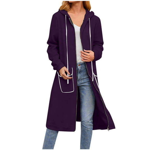 JGGSPWM Long Hoodies for Women Solid Color Long Sleeve Hooded Pocket Zipper Drawstring Fleece Jacket Sweatshirts Fall Winter Fashion Clothes Purple M