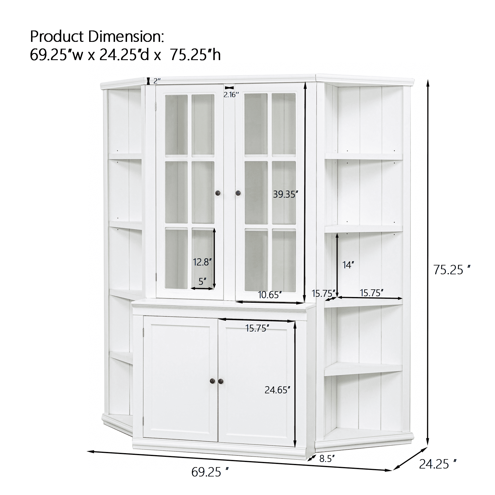 Euroco 75.25'' Tall Display Cabinet and Two Triangle Sided Bookshelves, 69.25'' Wide Retro Style Wall Suit with Glass Doors, for Hallways, Living room, Office, Studio or Workspace - White