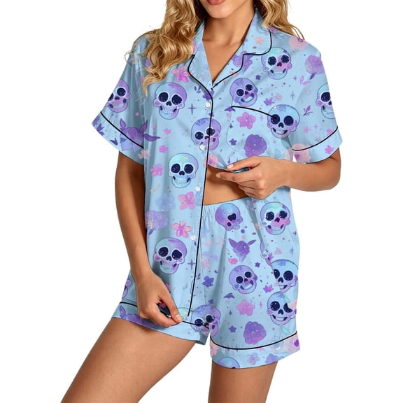 Gaexia Halloween Pajamas for Women Set Two Piece Cherry Graphic Pjs Satin Princess Sleepwear Summer V Neck Short Sleeve Loungewear Relaxed Fit