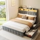 thumbnail image 1 of QinaQin Base de cama tapizada con cabecera y 2 cajones, luz LED, contacto y puerto USB, tapizado suave tipo plush, diseño moderno silencioso y funcional para recámara, 1 of 9