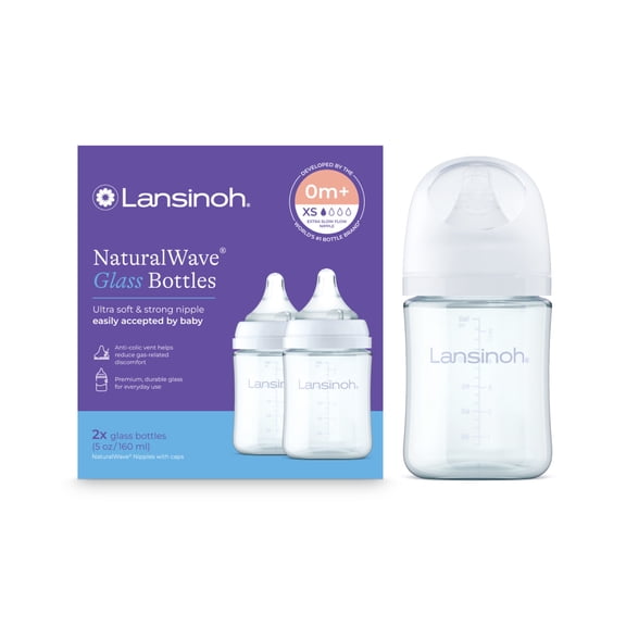 Lansinoh Anti-Colic Glass Baby Bottles, Extra Slow (XS) Flow Nipples, 0–1 month, 5 oz, 2ct