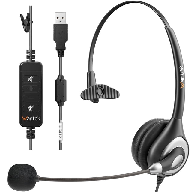 Auriculares USB mono con cable Wantek, micrófono con cancelación de ruido y controles en línea. Auriculares UC para negocios, Skype, SoftPhone y centro de llamadas. Chat nítido. Ligeros y ultra cómodo