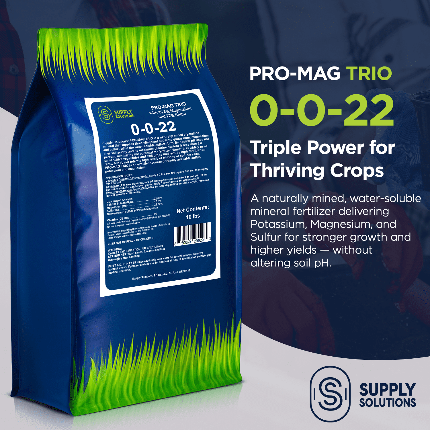Supply Solutions | 0-0-22 Pro-Mag Trio - High Potassium, Magnesium & Sulfur Fertilizer for Lawns, Turf, Palm & Fruit Trees - Water-Soluble Plant Food for Stronger Growth & Higher Yields - 10lbs