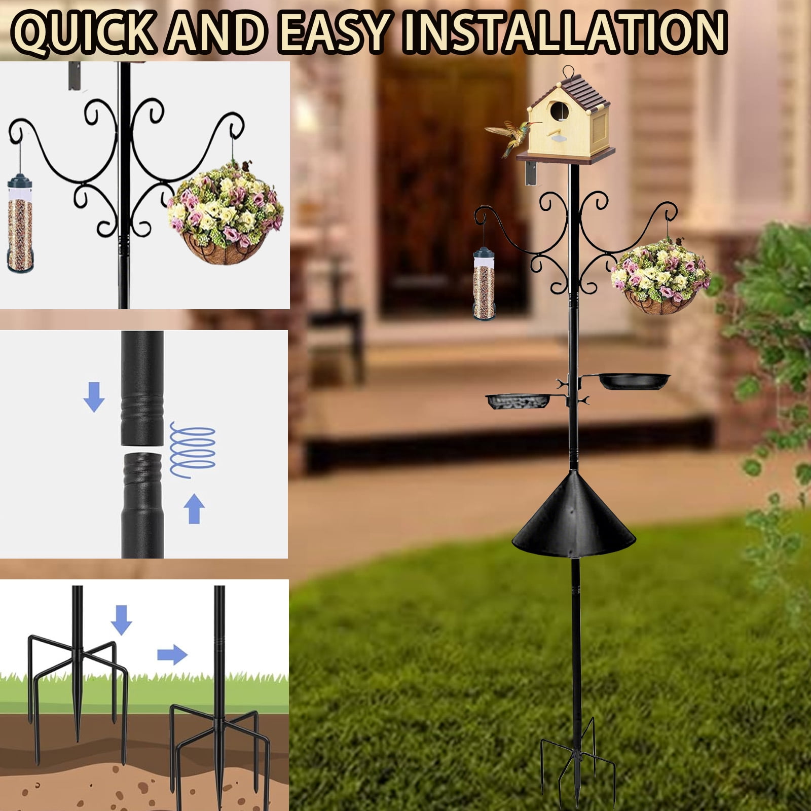 92 Inch Bird Feeder Pole Squirrel Proof, Heavy Duty Bird House Pole, Adjustable Bird Feeder Stand with 8 Shepherds Hooks, 2 Mental Trays