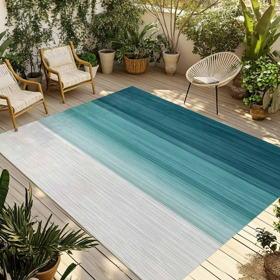 Fsddascl Teal Turquoise Ombre Outdoor Rug for Patio/Deck/Porch, Non-Slip Large Area Rug 5 x 8 Ft, Modern Abstract Gradient Lines Indoor Outdoor Rugs Washable Area Rugs, Reversible Camping Rug Carpet