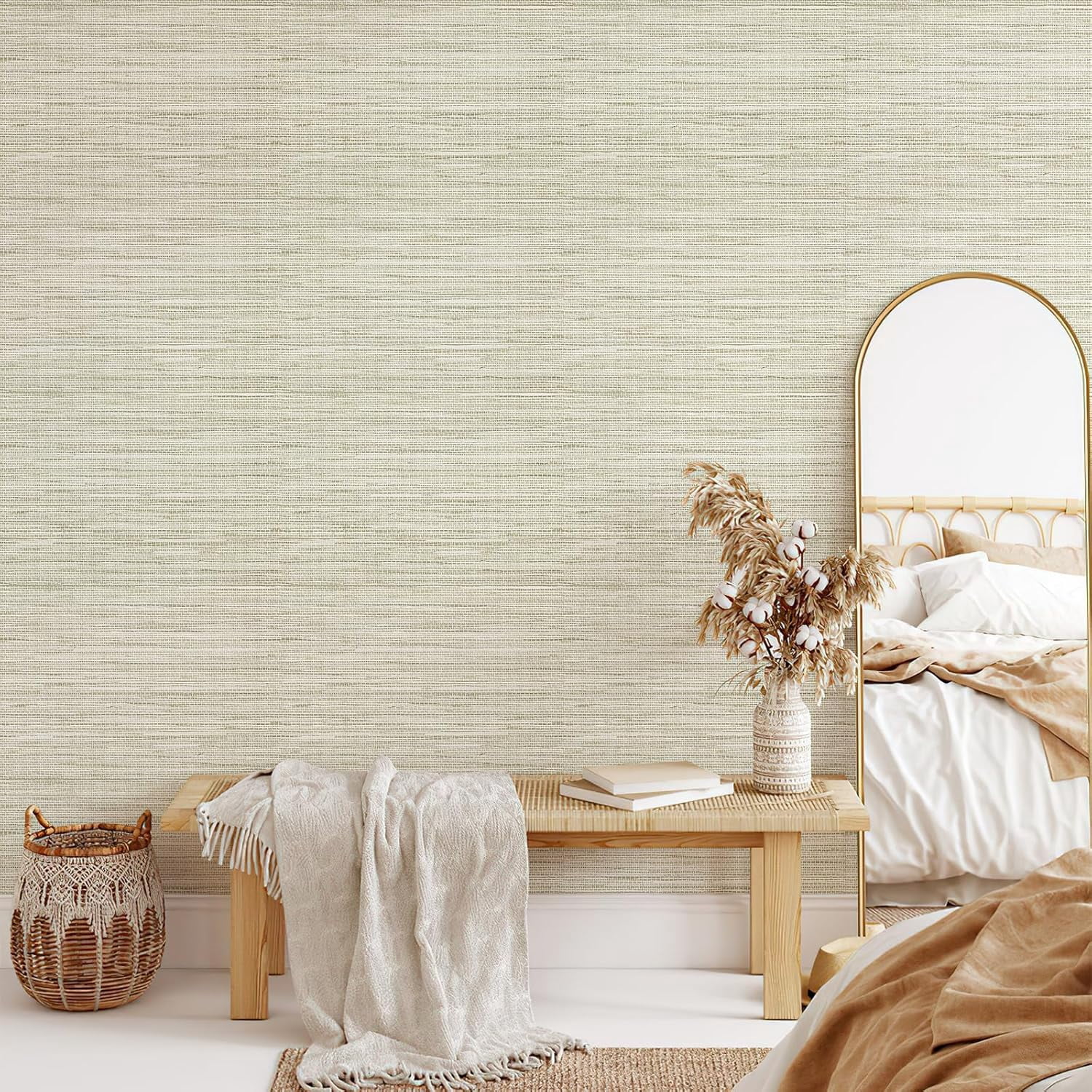 AsdQ Wallpaper Peel and Stick 118-in x 17.3-in Textured Wallpaper Faux Grasscloth Self-Adhesive Linen Removable Wallpaper Cabinets Counter Top Liners