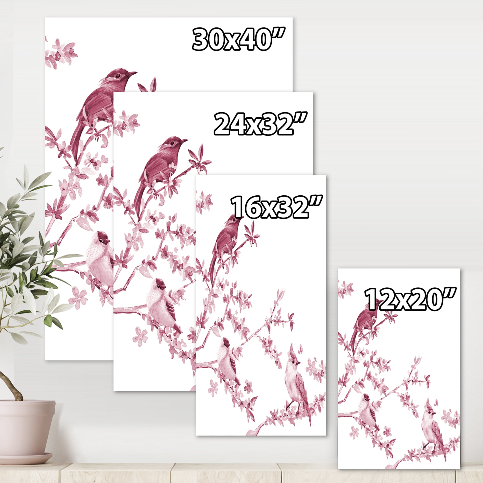 Designart ' Beautiful Pink Birds Sitting On Flowering Branches ' Traditional Canvas Wall Art Print