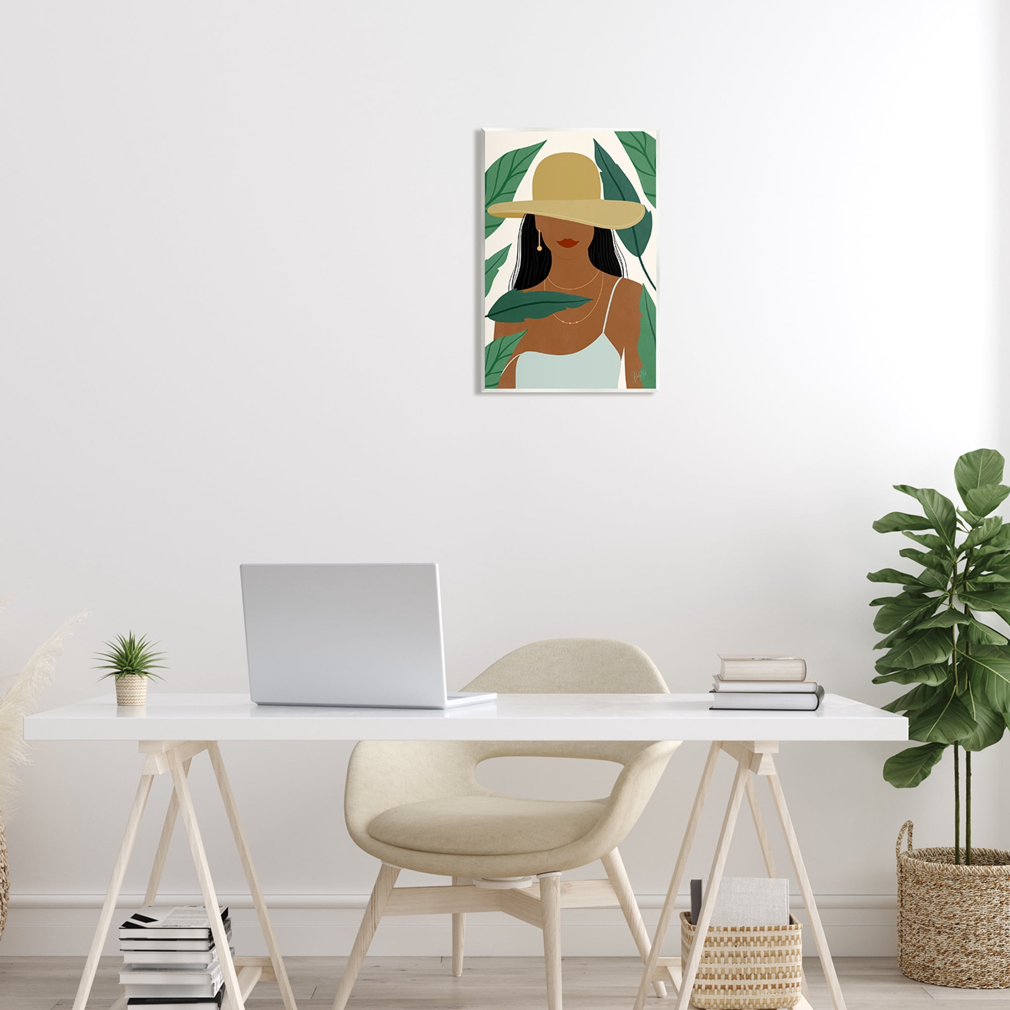 Stupell Industries Smiling Woman Wearing Sun Hat Drifting Leaves Graphic Art Unframed Art Print Wall Art, Design by Birch&Ink