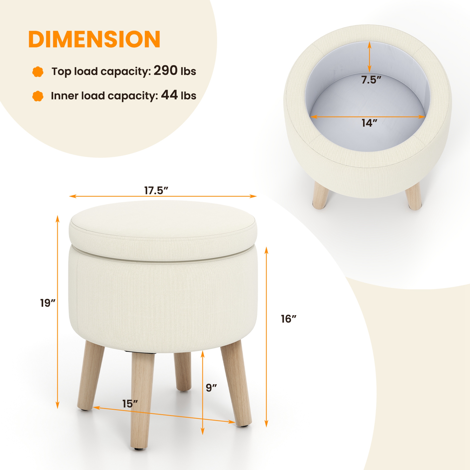 Costway Round Storage Ottoman Accent Storage Footstool with Tray for Living Room Bedroom Beige - image 3 of 10
